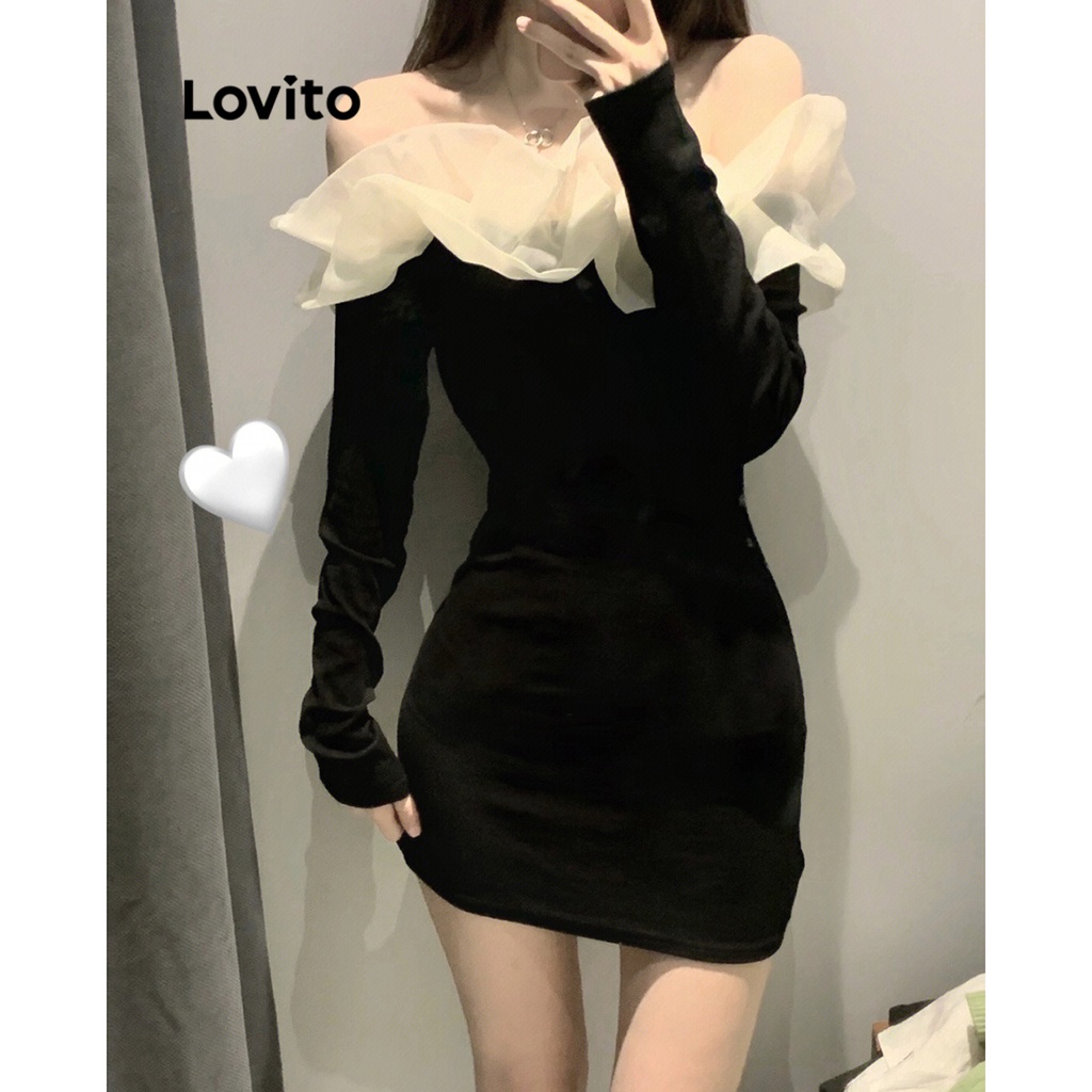 Lovito Women Contrast Mesh Contrast Collar Dress LNA36037 (Black and