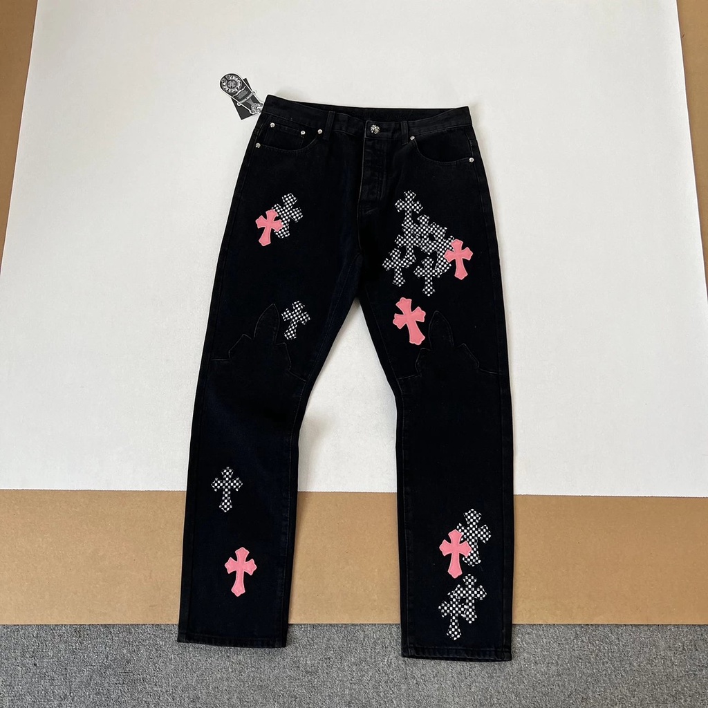 Chrome Hearts checkerboard spelling pink cross LOGO design jeans washed