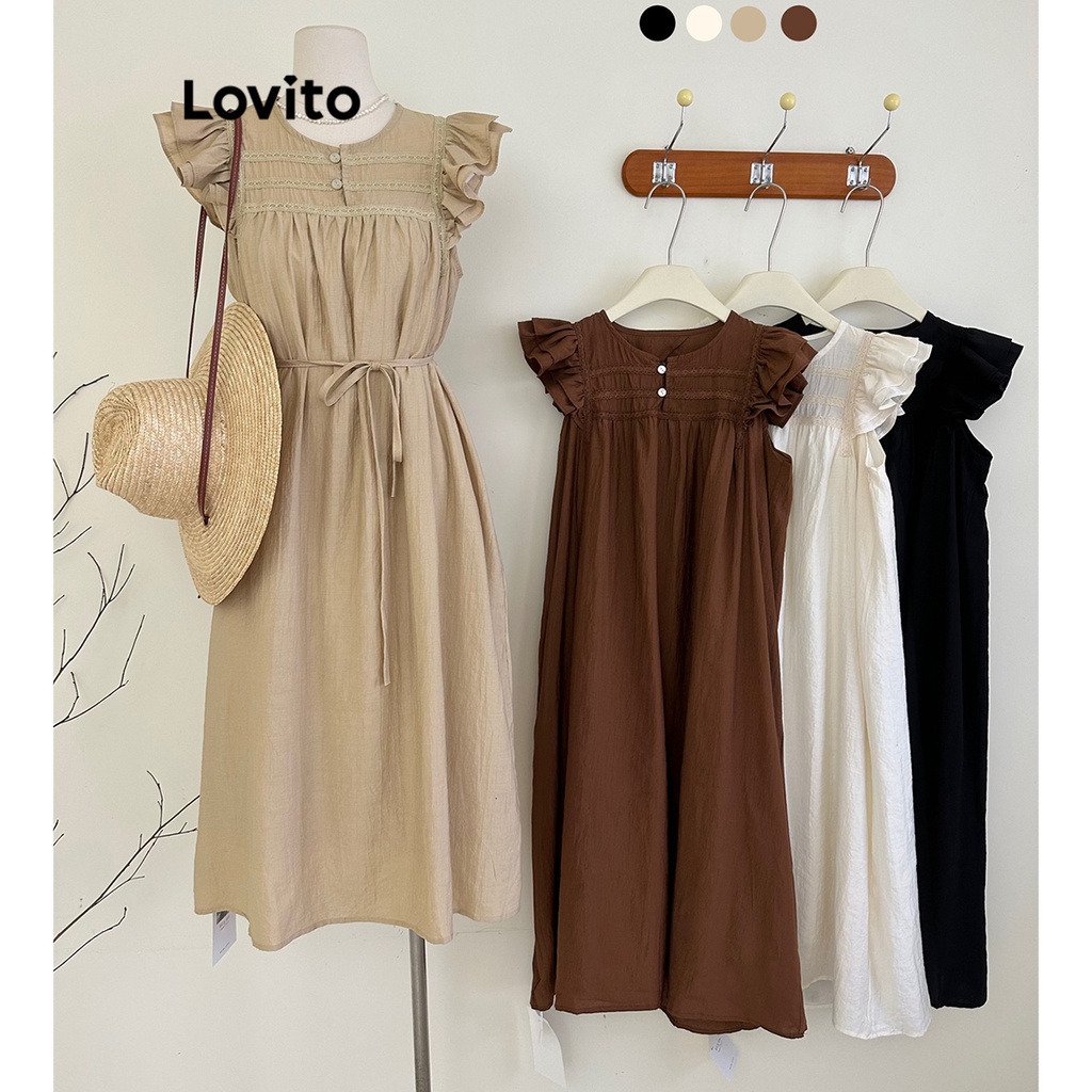 Lovito Women Casual Plain Ruffle Appliques Button Front Dress LNE26059 ...