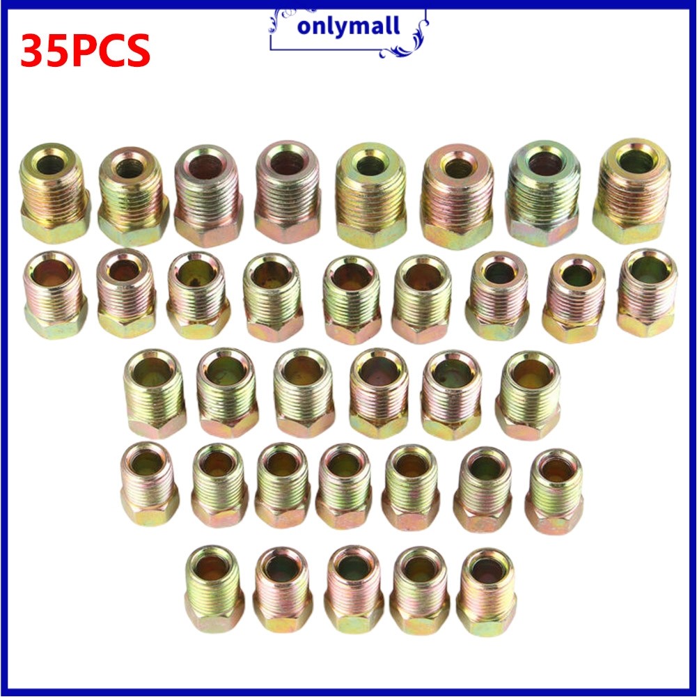 35-Piece Brake Line Tubing Fitting Nut Kit - 3/16 & 1/4 Inch Inverted Flare - Berliii Zinc Plated