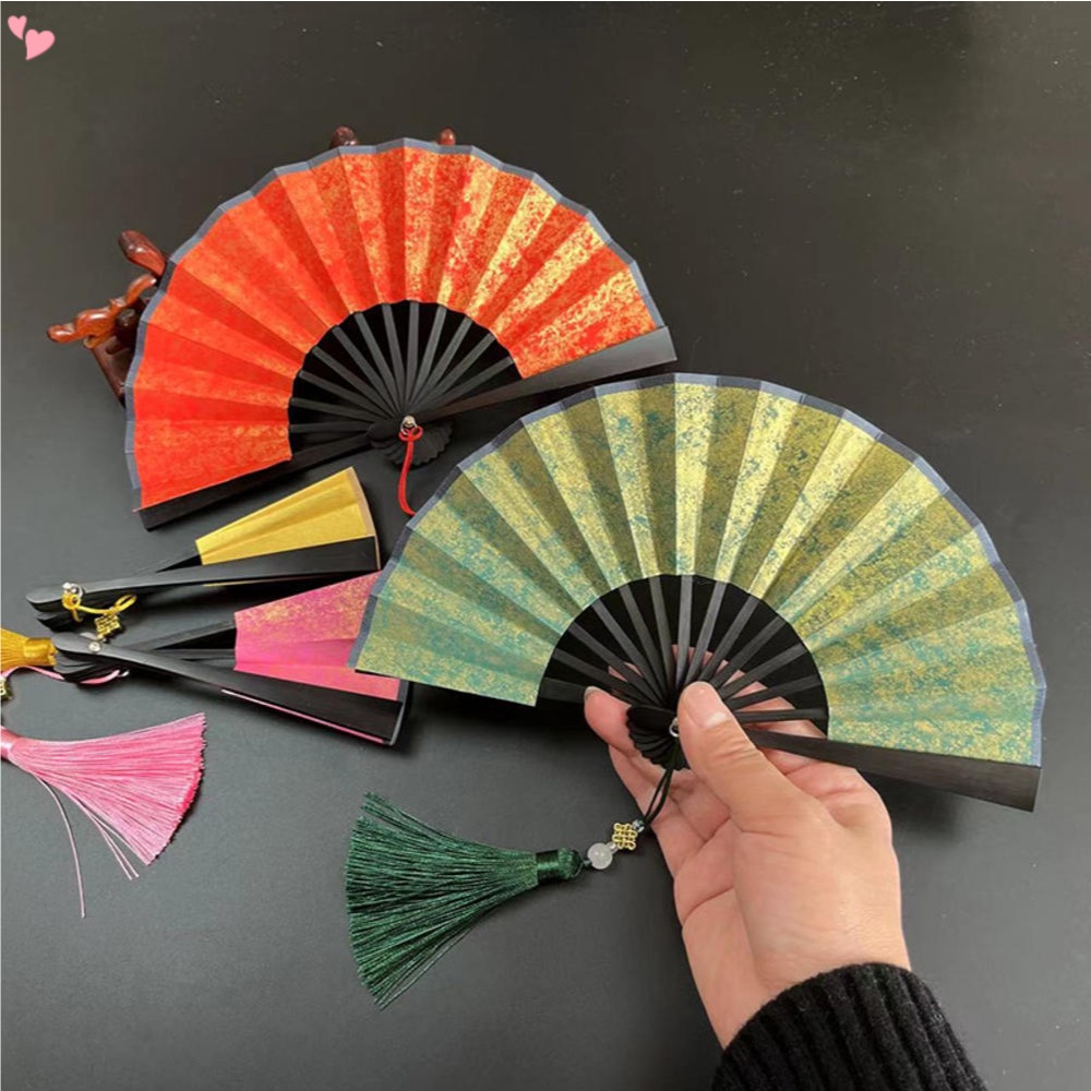 4 Inch Mini Fan, Colorful Dark Green Gilded Rice Paper Folding Fan ...