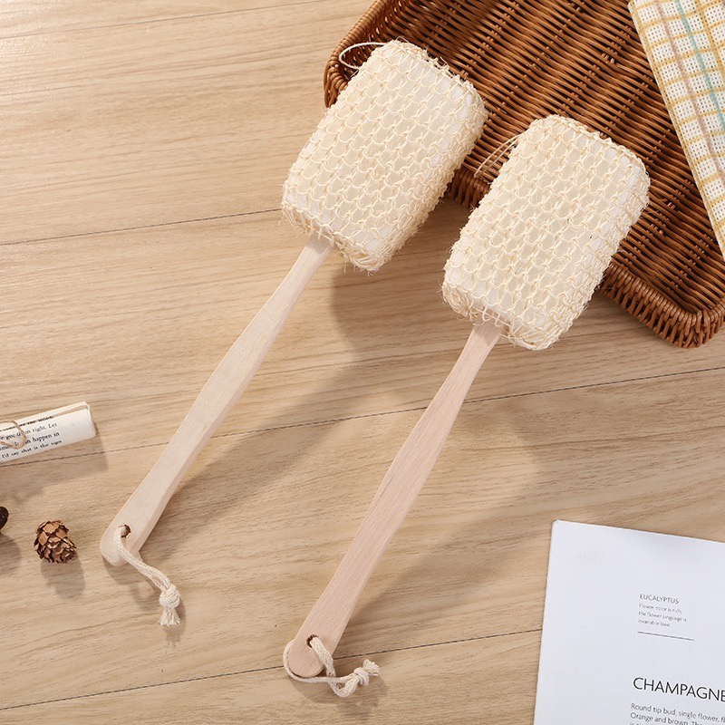 Wooden Loofah Brush Body Scrub Long Wooden Handle Sisal Back Scrubber 