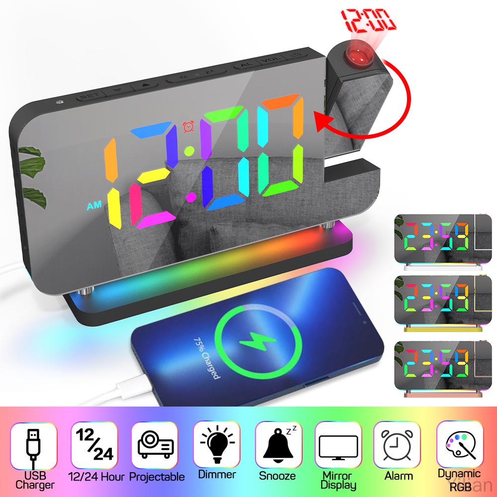 LED Projection Digital Alarm Clock Colorful Dynamic RGB Night Light ...