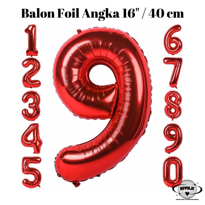 MERAH Kiyuji Foil Balloon Number 16 Inch 40cm Red Color Numbers 0-9 ...