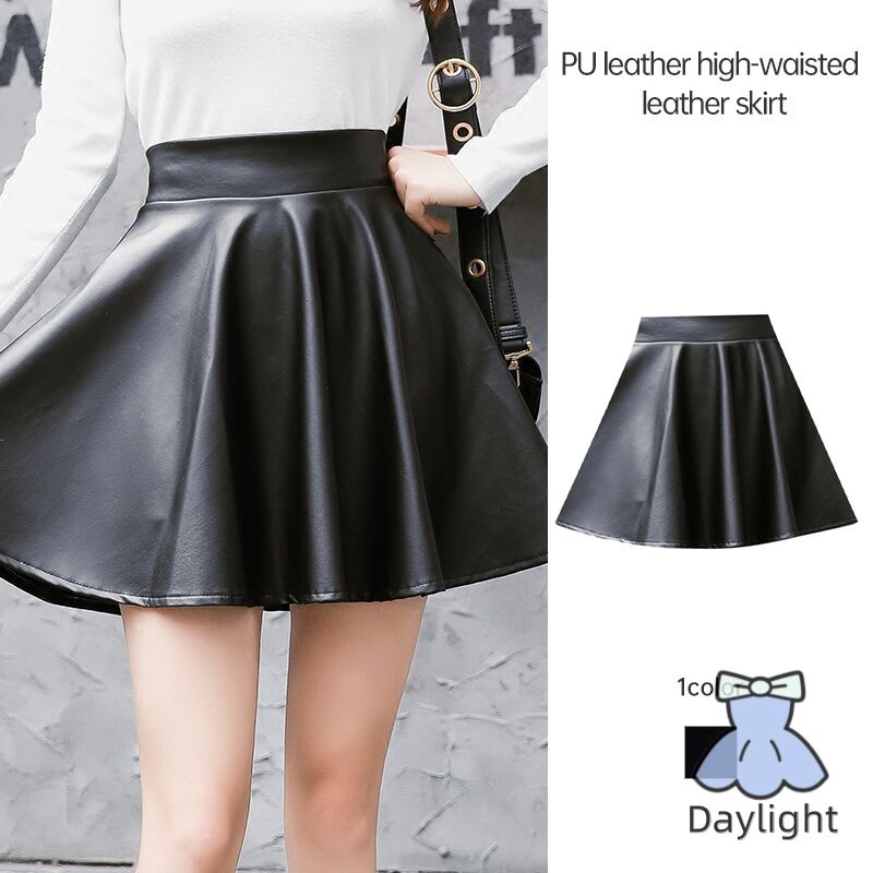 PU Leather Pleated A-Line Women Skirt