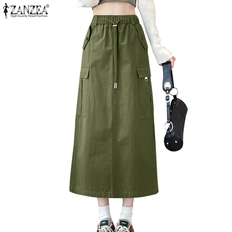 ZANZEA Women Vintage Rubber Banded Waistband Drawstring Pockets Casual Cargo Skirts Shopee Philippines