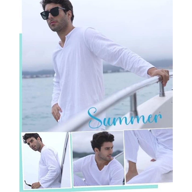Set Di Abbigliamento Uomo 2 Pezzi In Lino: Camicia Henley Maniche Lunghe E Pantaloni Casual, Vestito Estivo Da Spiaggia, Vari Colori E Taglie S-3XL