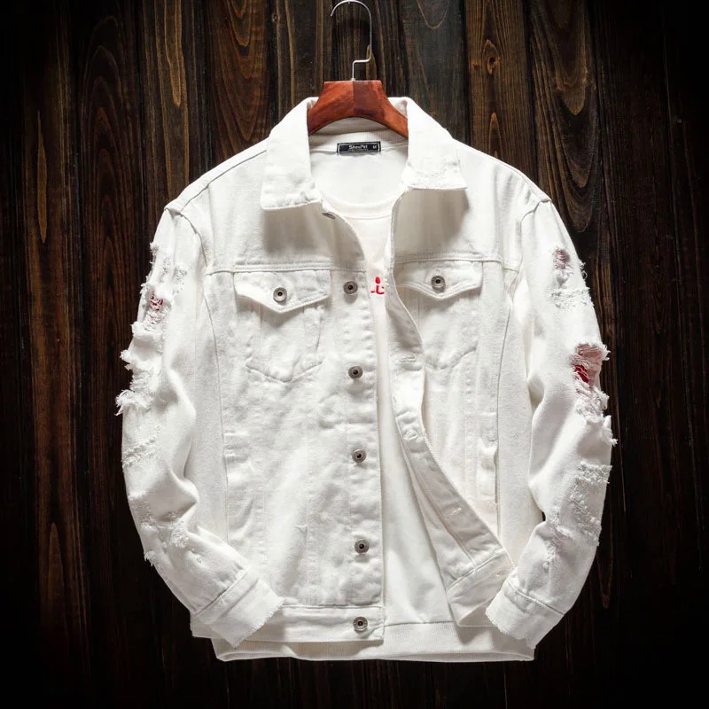 Spring autumn New Men's Jean Jacket Slim Fit Cotton Denim Jacket White ...