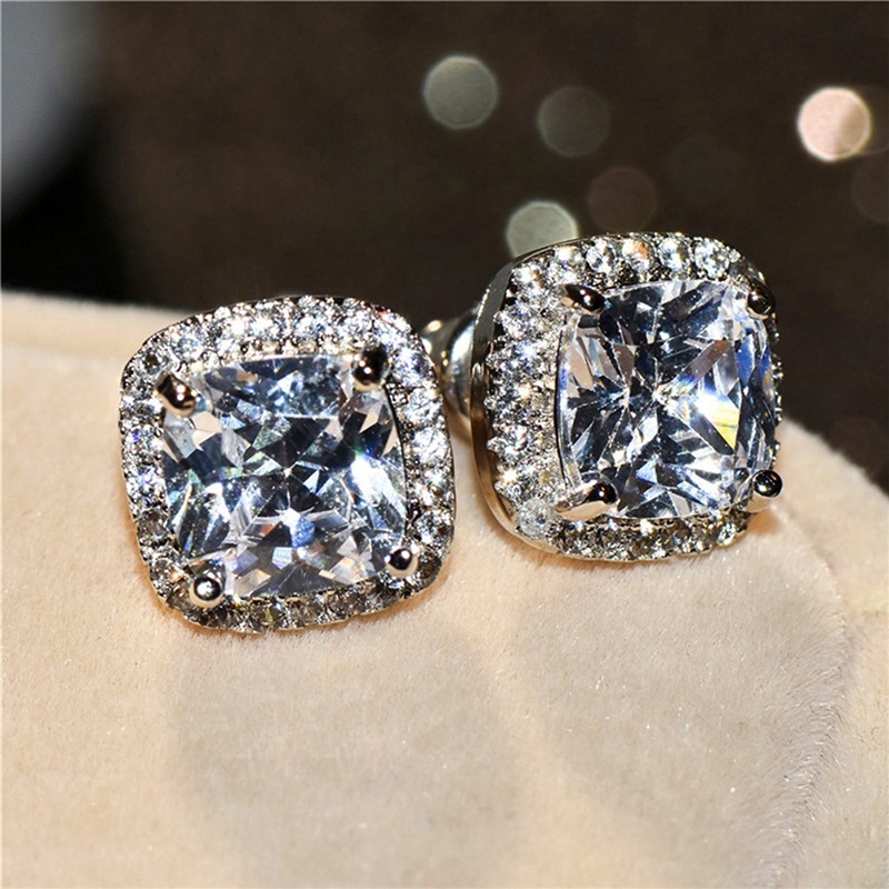 [LG]1 Pair Square Cut White Diamond Stud Earrings Princess Silver ...
