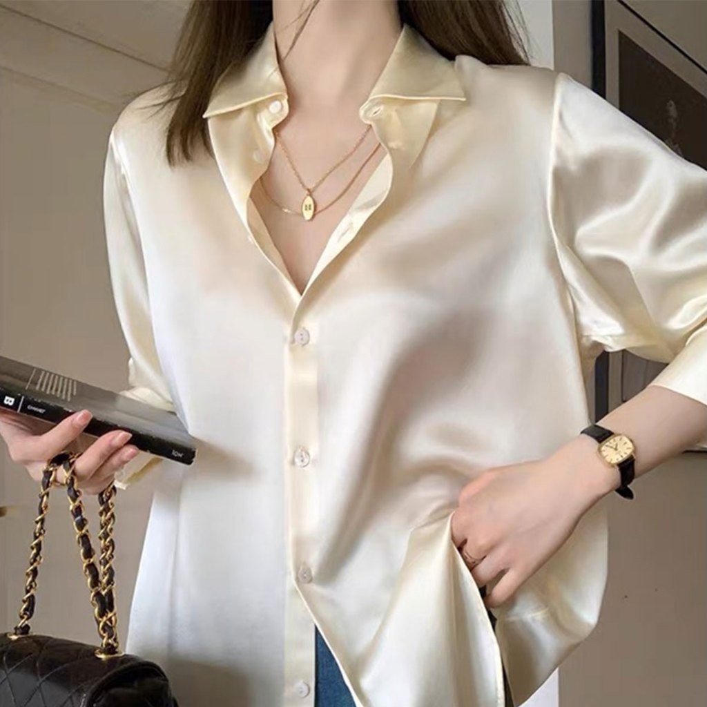 Solid Color Long Sleeved Versatile Shirt With Lapel Satin Shirt