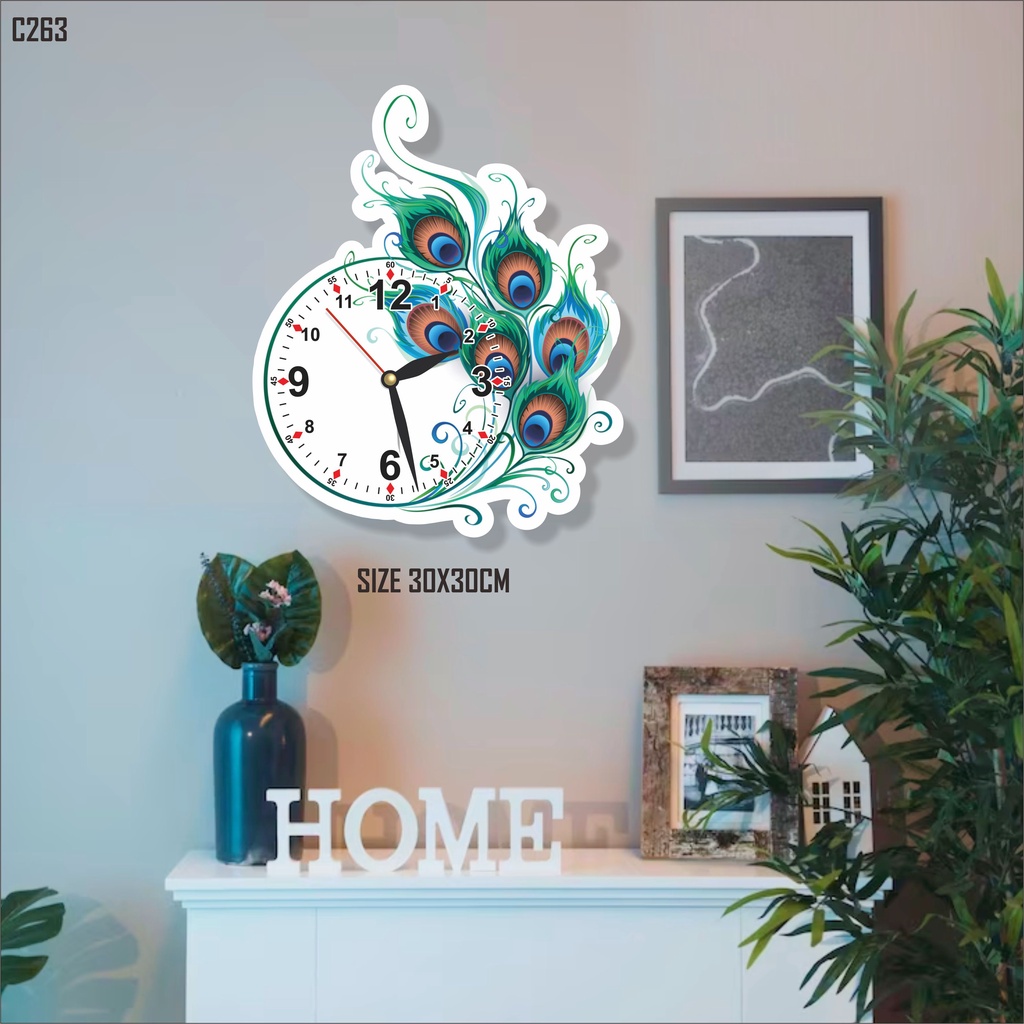 C263 Wall clock for minimalist room display with peacock feather model ...
