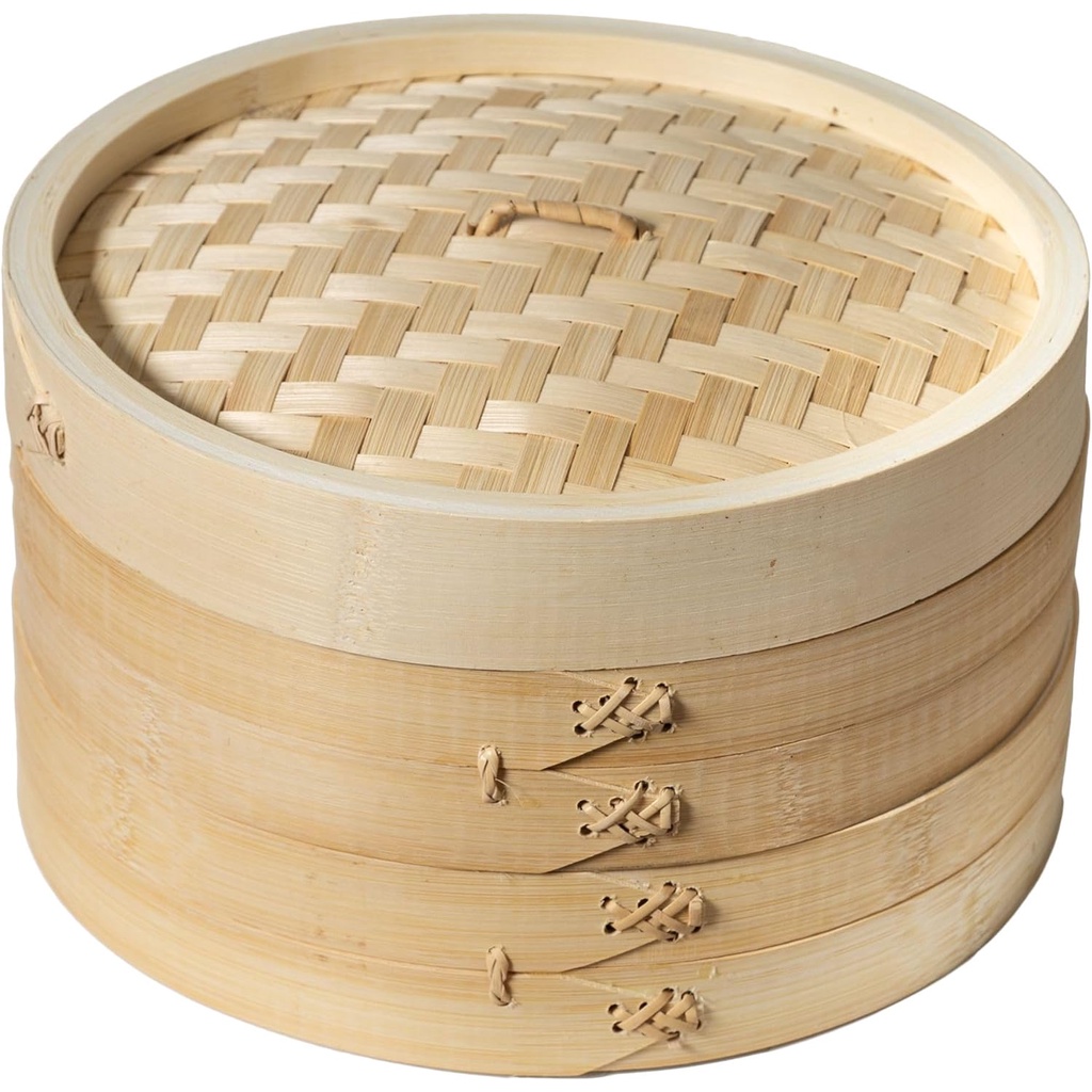 Bamboo Steamer Baskets,10 Inch Bamboo Steamer Basket 2 Tier Natural