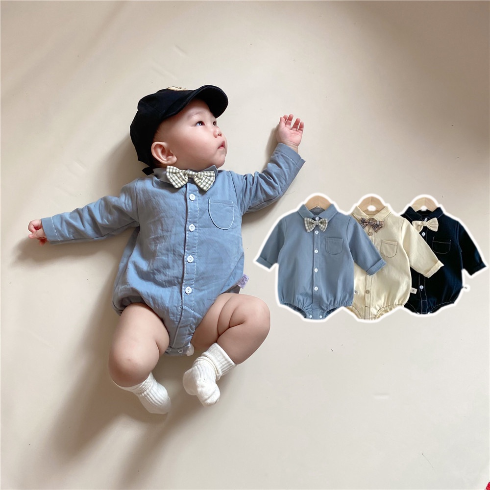 0-2 Years Old Baby Boy Gentleman Bow Tie Jumpsuit Long-sleeved Shirt Romper  Infant Newborn Autumn Clothes Party Outfits