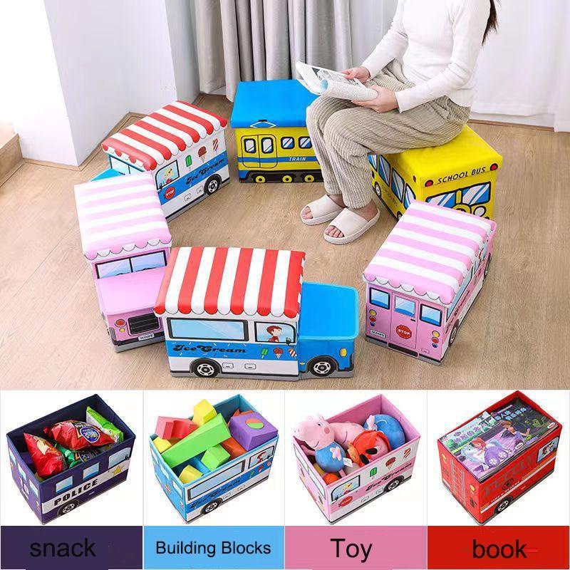 Children's cartoon school bus storage box chair Ottoman foldable ...