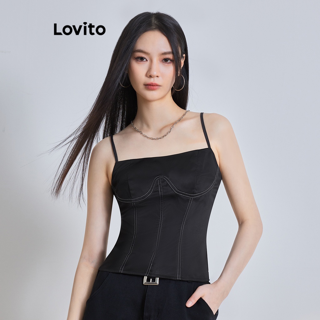 Lovito Women Casual Plain Structure Line Lace Up Tank Top L Ad Black Shopee Philippines