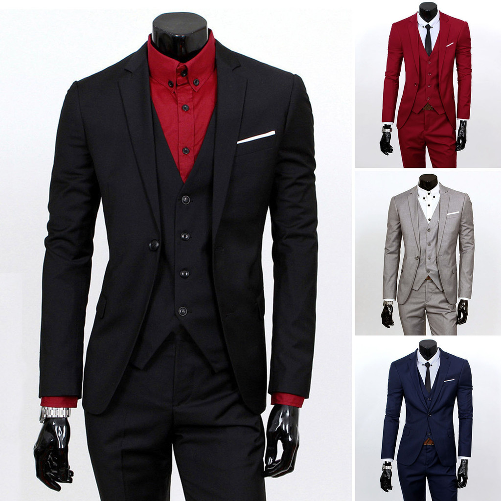 SKY 3 Pcs/Set Business Suit 3 Piece Set Slim Fit Zipper Solid Color Men ...