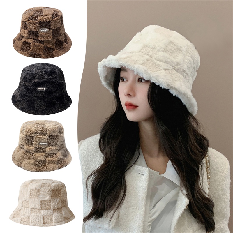 Solid Artificial Fur Warm Female Cap Faux Fur Winter Bucket Hat for