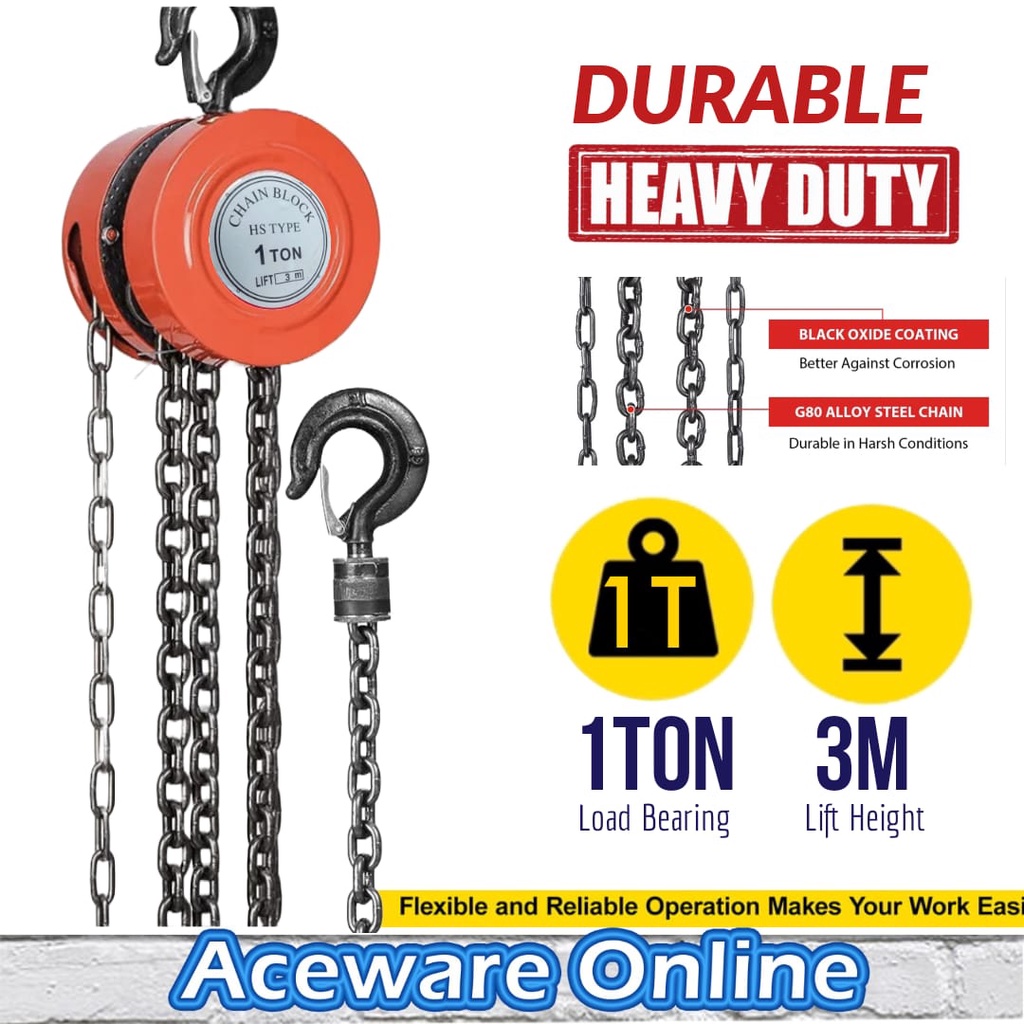 1 Ton Heavy Duty Chain Block Lifting 3 Meter HS-type Chain Hoist Rantai ...