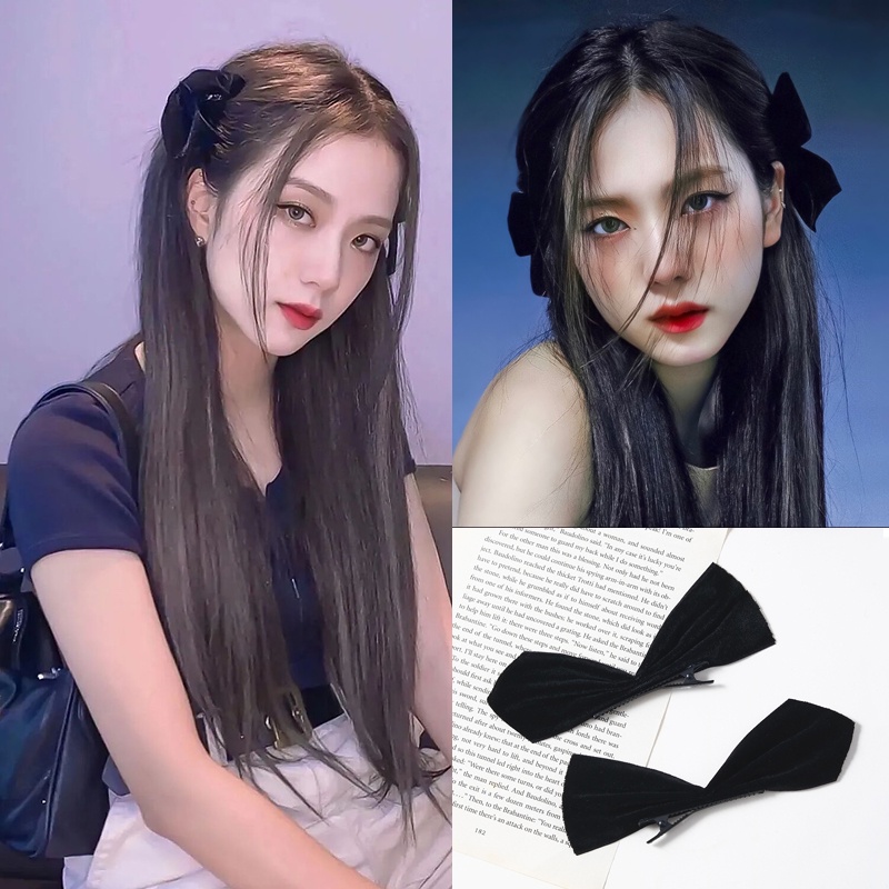 Jisoo Kim jisoo Same Style Bow Hair Clip Side Clip Girl Black Velvet