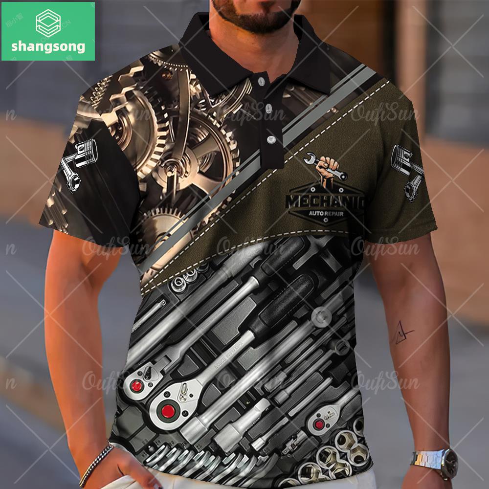 Men's Short Sleeve POLO Shirt Tool Machinery Icon Printing