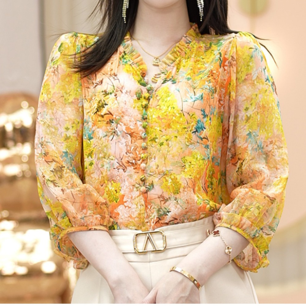 V-neck Blouse Women's Korean Style Loose Floral Printed Half-sleeve ...