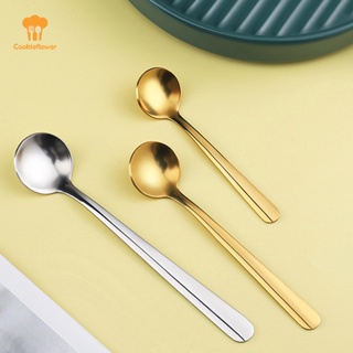 Silverware Set, Stainless steel mixing Stirring spoon creative long handle  Thicken small spoon dessert spoon coffee ice spoons cutlery tableware  (Color : Dark green gold 4pcs)