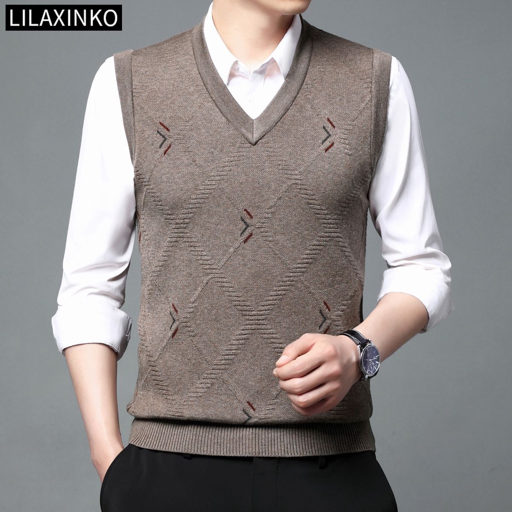 3 Color Men Vest Sleeveless Sweater Knit V Neck Striped Stripe Basic