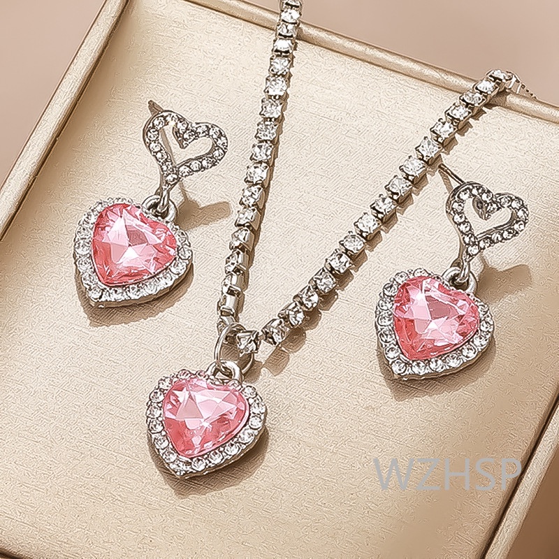 Collier Et Boucles D'oreilles Roses - Ensemble Bijou Fantaisie Occasion