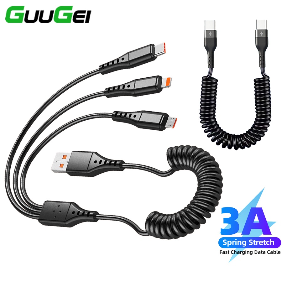 Guugei 3 in 1 USB Spring Charging Cable 3A Type C Micro USB Spring ...