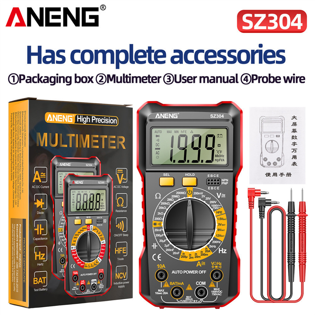 Aneng Sz304 Digital Multimeter True Rms Handheld Multifunction High ...