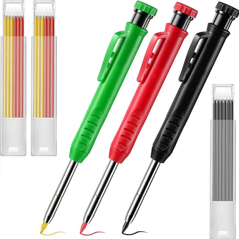 Deep Hole Solid Carpenter Pencil Set – With 6 Refill Leads, Construction Grade