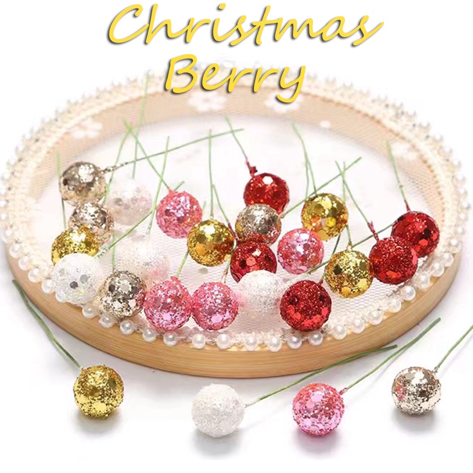 50/100pcs Glitter Fruit Stamens Cherry Christmas Artificial Flower Red