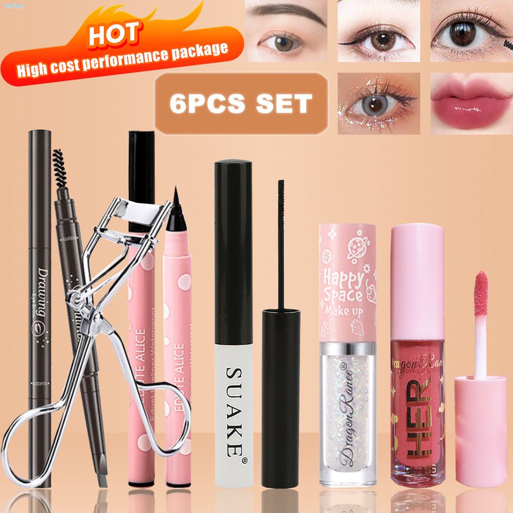 6piece Makeup Set Mirror Lip Glaze+Waterproof Black Mascara+Eyelash Curler Tools+Liquid Black