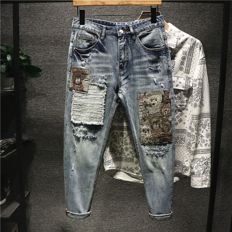 European Goods Street Wear Men's Bear Patch Ripped Patch Jeans Men's ...