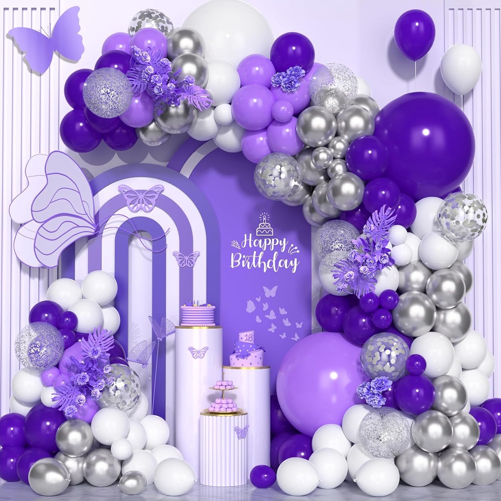 Purple White Silver Balloon Garland Arch Kit, Silver Confetti Balloons ...