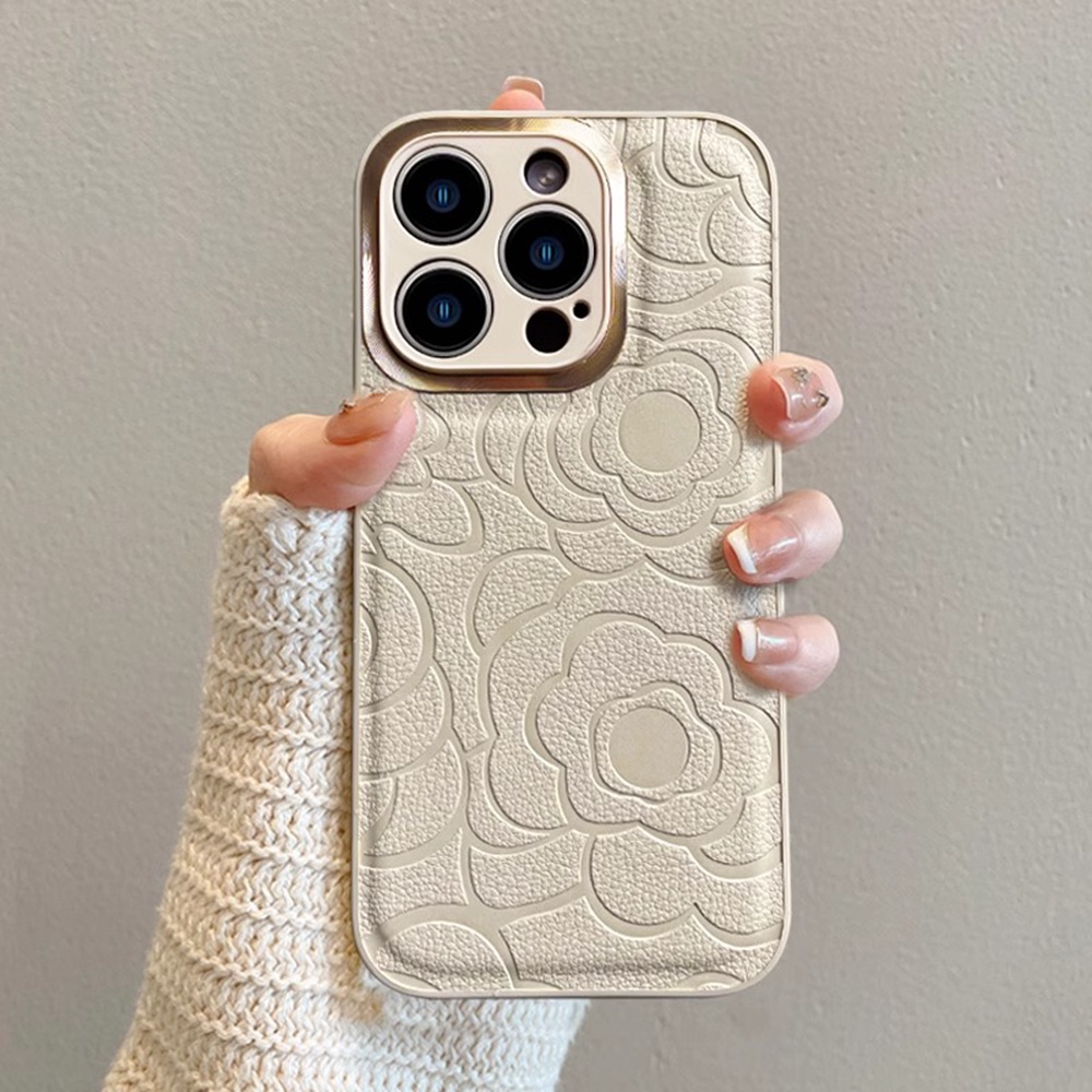 Camellia Pattern Embossed Metal Lens Ring Phone Case for IPhone 15