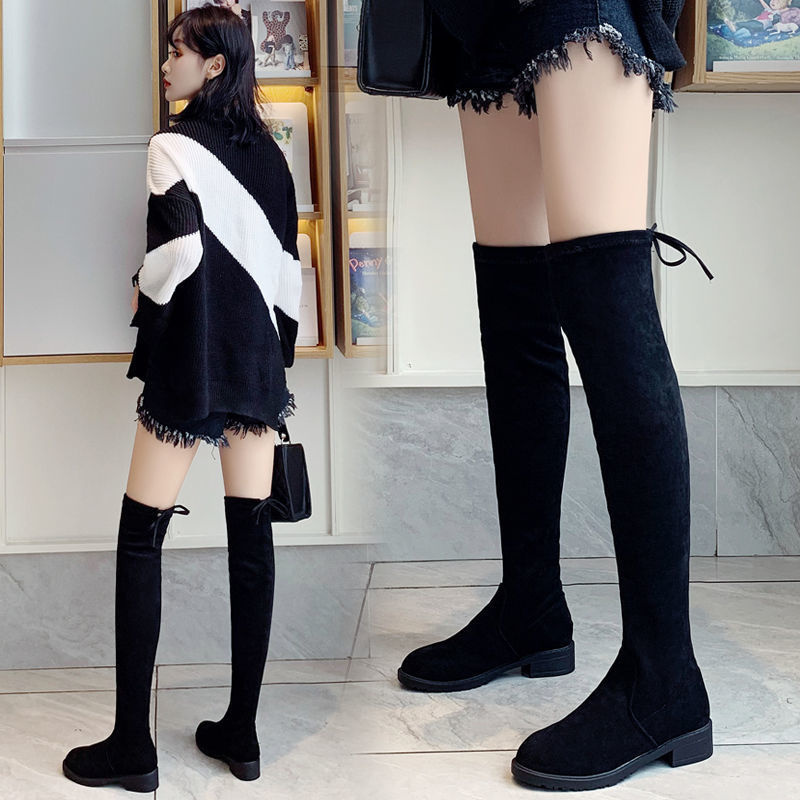 Korean version of thick heel all lean simple long boots suede low heel thigh high boots Add 1 size Shopee Philippines