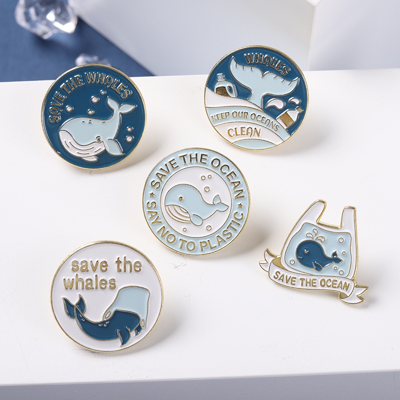 Cartoon whale Round Enamel Brooch cute marine life blue whale badge ...