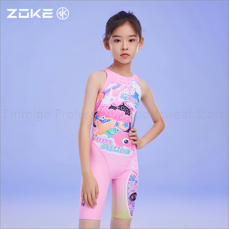 Zoke Girl Knee-Length Training Swimsuit Teenage Girls Student Pink ...