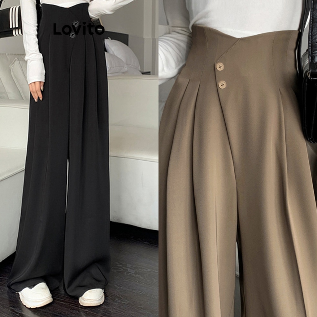Lovito Women Elegant Plain Button Pocket Draped Pants L71ED109 | Shopee ...