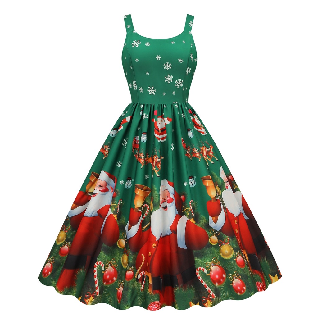 Christmas Vintage Spaghetti Strap Dress Santa Claus Print Mid Waist ...