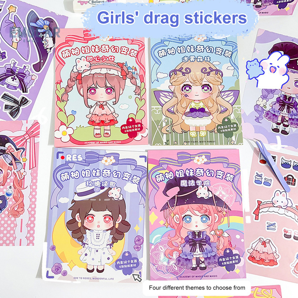EMOS18Pcs Cartoon Girl Dressup Style Stickers Various Dresses Full