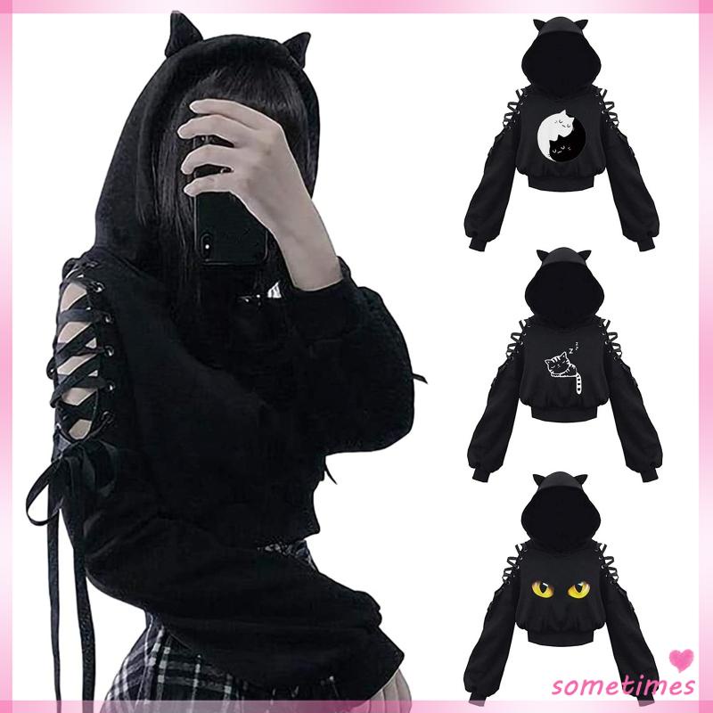 Cat ears lace up sweatshirt sale