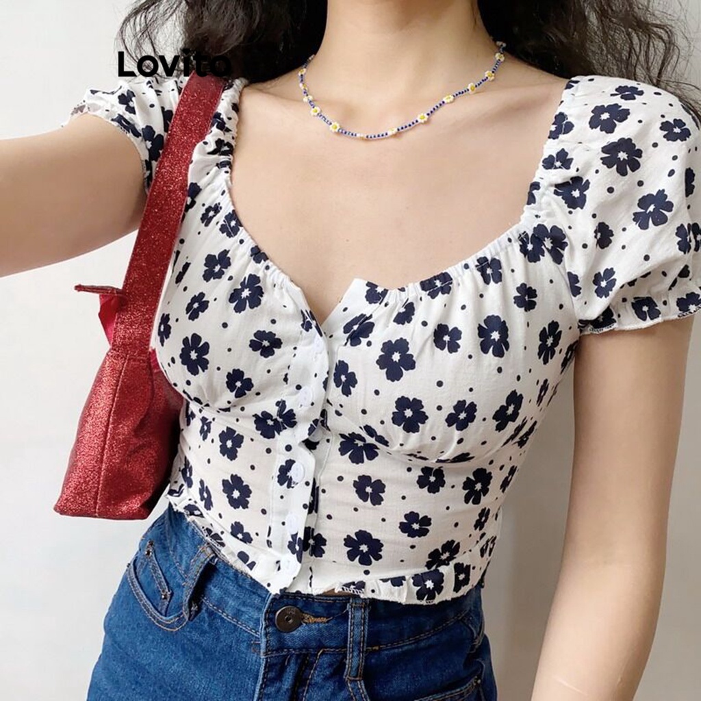 Lovito Women Casual Ditsy Floral Pattern Button Front Blouse LNL37105 ...