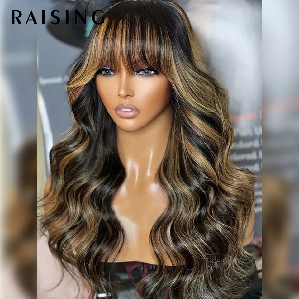 Raising 180d Body Wave Human Hair Wigs With Bangs Fringe Remy Human Hair Brazilian Wavy Wigs For 3150