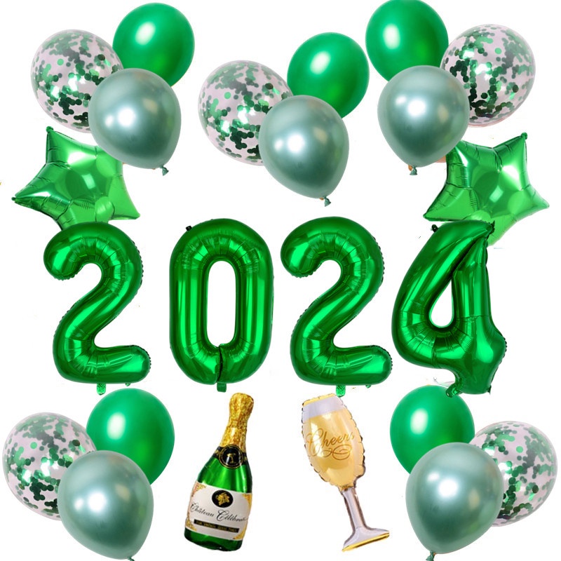 Green Black Gold 32inch 2024 Number Balloons Happy New Year Banner