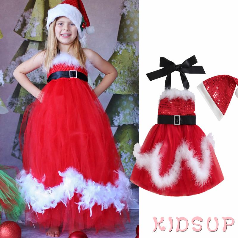 KIDSUP1Toddler Girls Christmas Dress Glitter Sequin Sleeveless Halter