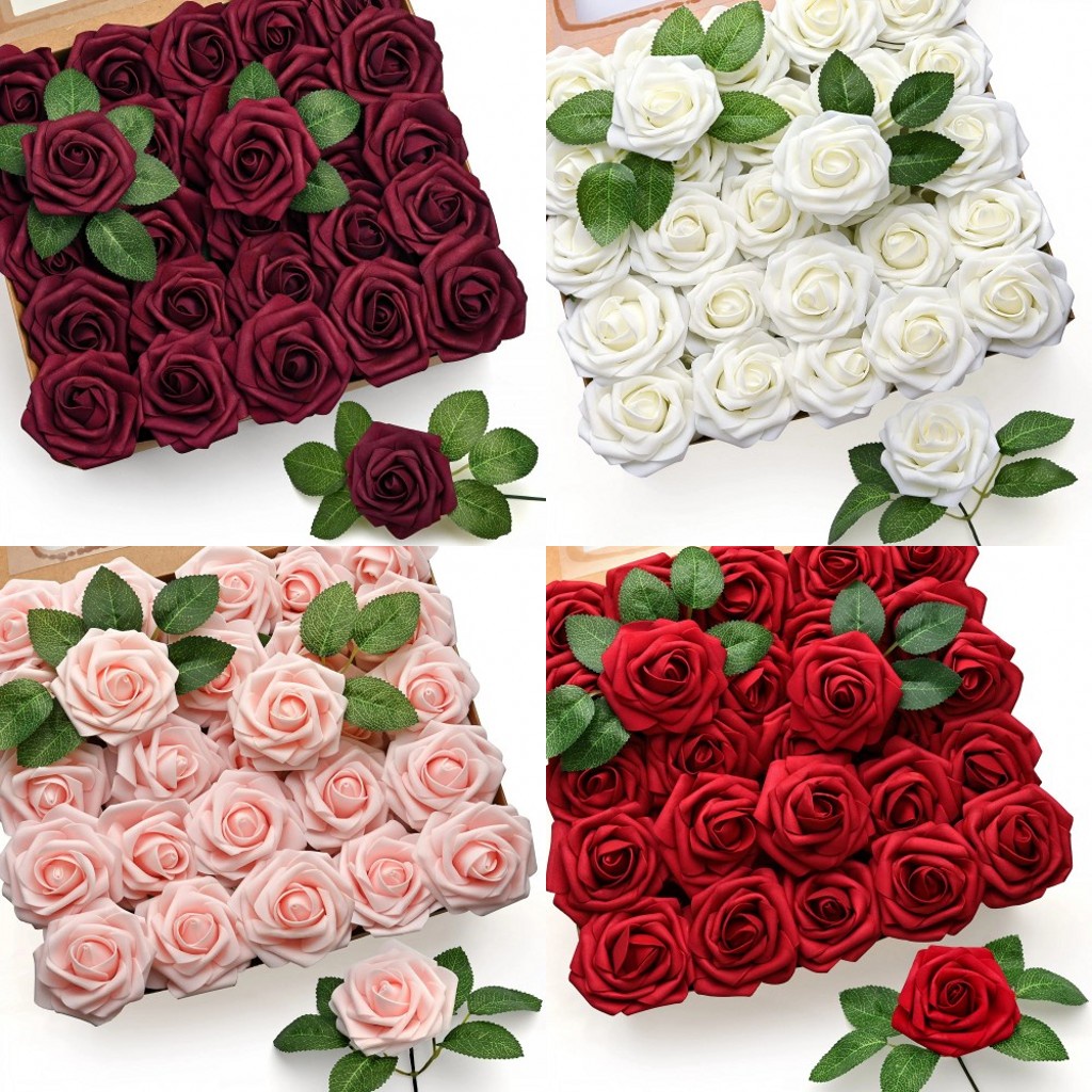 10pcs 8cm Artificial PE foam Flowers Fake Roses With Stem Happy ...
