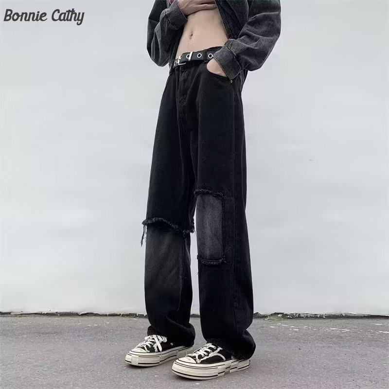 Bonnie Cathy American hip-hop ripped trousers, baggy straight-leg jeans ...