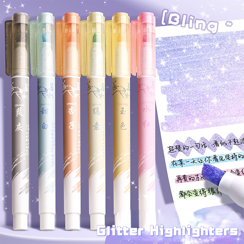 6pcs/set Shiny Glitter Highlighter Pen Highlighter Metallic Color